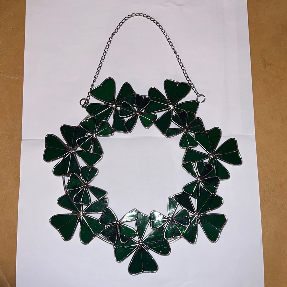 Stained Glass Suncatcher Shamrock Clover Wreath Large St Patrick's Green 9.5"